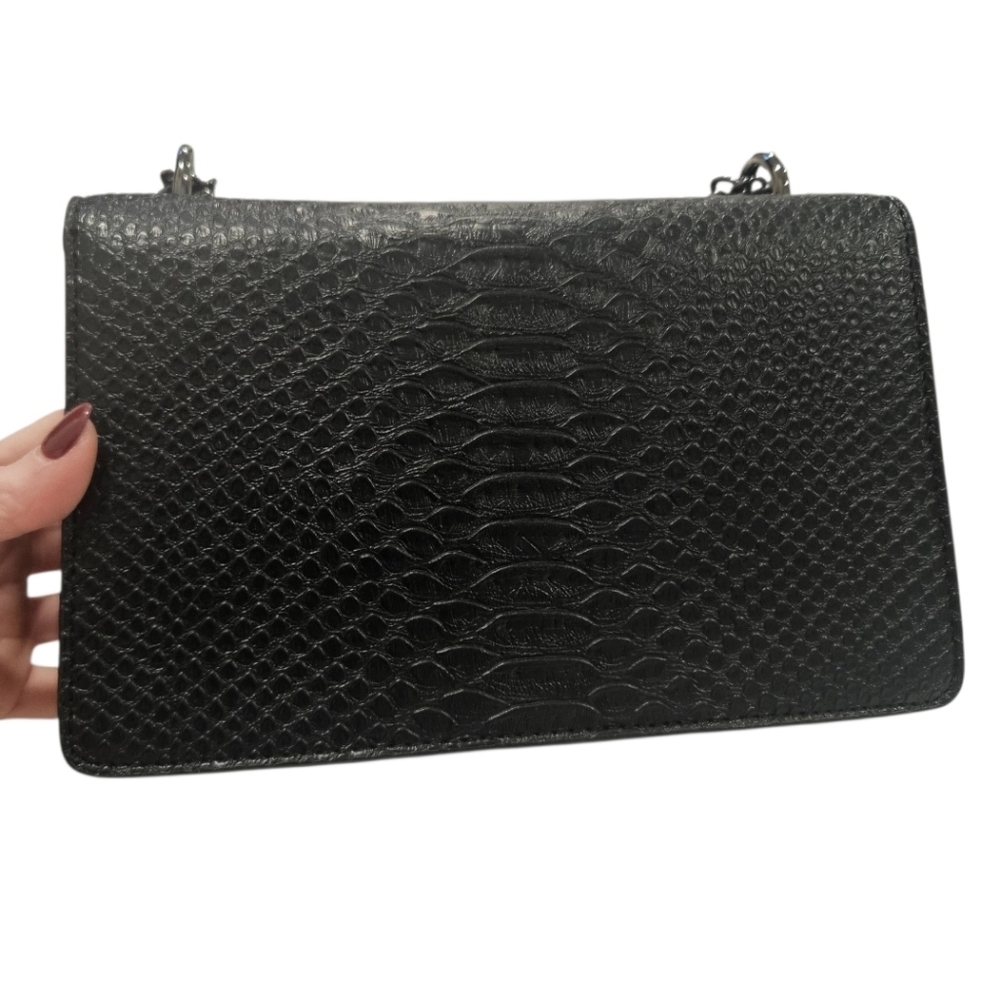NEW Black Croc Embossed & Snake Detailed Closure With Gunmetal Hardware Bag - Picture 4 of 12